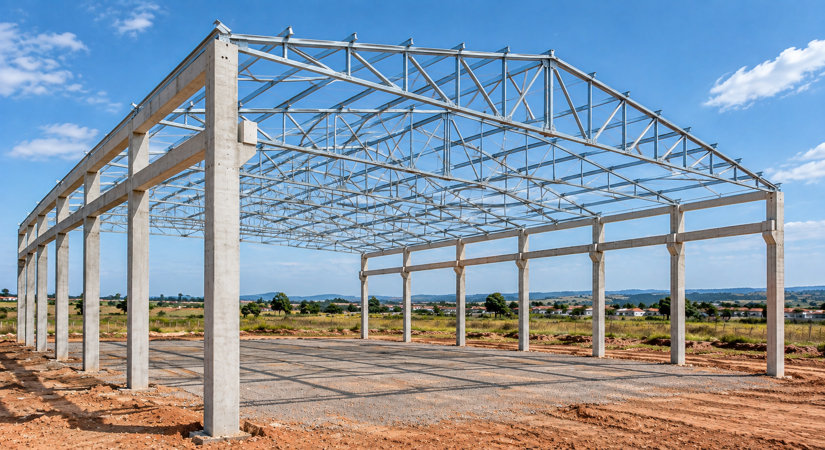 Galpão de concreto pré-moldado sendo montado em um terreno